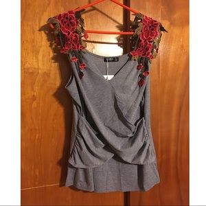Gray tank with red floral embroidered sleeves